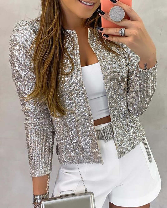 Long Sleeve Open Front Sequin Coat Women Casual Female Jacket Sequin - Executive-Skincare