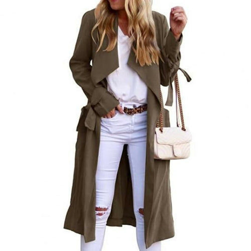 Long Trench Women Solid Color Long Sleeves Overcoat with Belt Prevent - Executive-Skincare