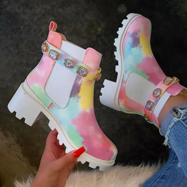 Luxury Ankle Boots Autumn Winter Rhinestone Rainbow Short Boots Women - Executive-Skincare