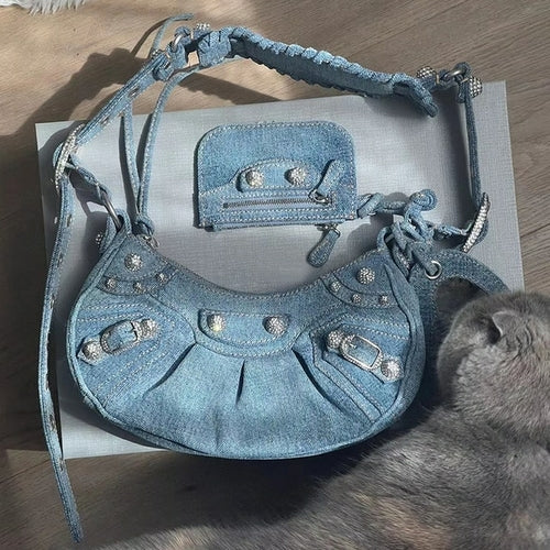 Luxury Denim Diamond Rivet Shoulder Messenger Bags Half moon - Executive-Skincare