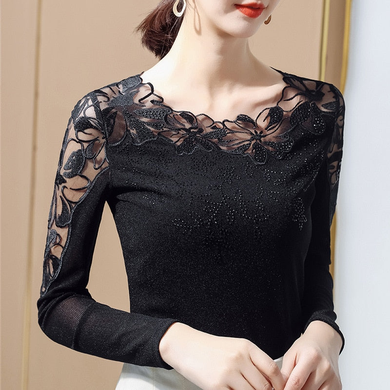 M-5xl Plus Size Women Tops Lace Bottoming Shirt Women Long-sleeved - Executive-Skincare