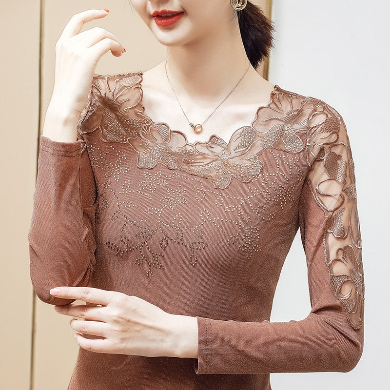 M-5xl Plus Size Women Tops Lace Bottoming Shirt Women Long-sleeved - Executive-Skincare