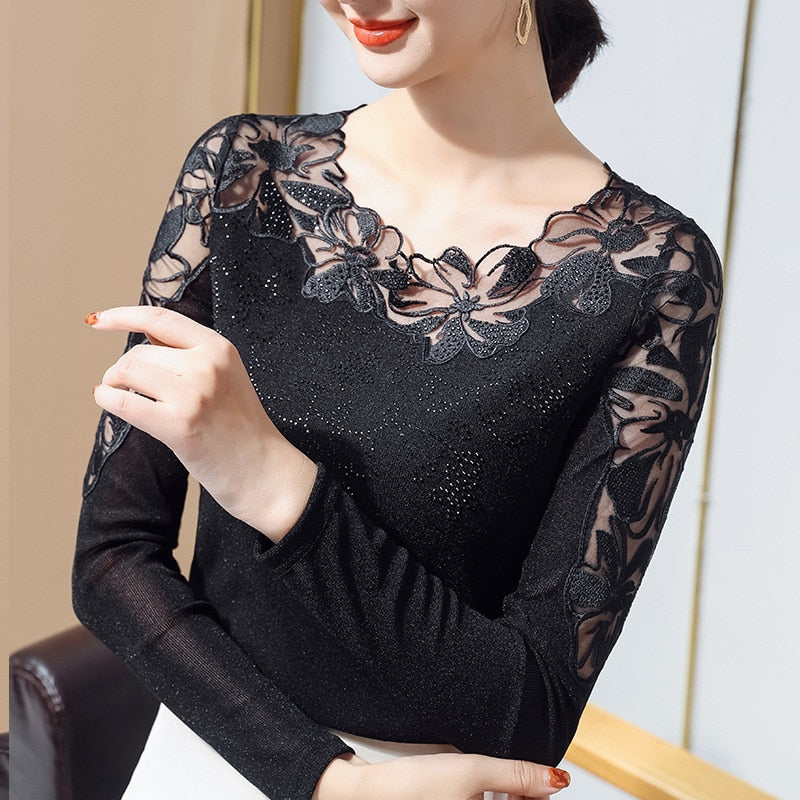 M-5xl Plus Size Women Tops Lace Bottoming Shirt Women Long-sleeved - Executive-Skincare