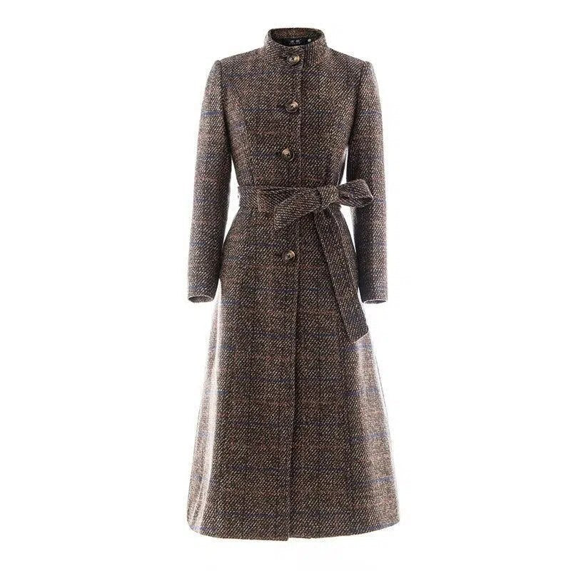 Mid Length Plaid Woolen Coat For Women Fashion Single Breasted Slim - Executive-Skincare