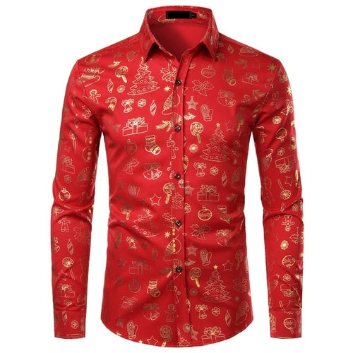 Red Mens Christmas Shirt Casual Slim Fit Xmas Gift Print Mens Dress - Executive-Skincare