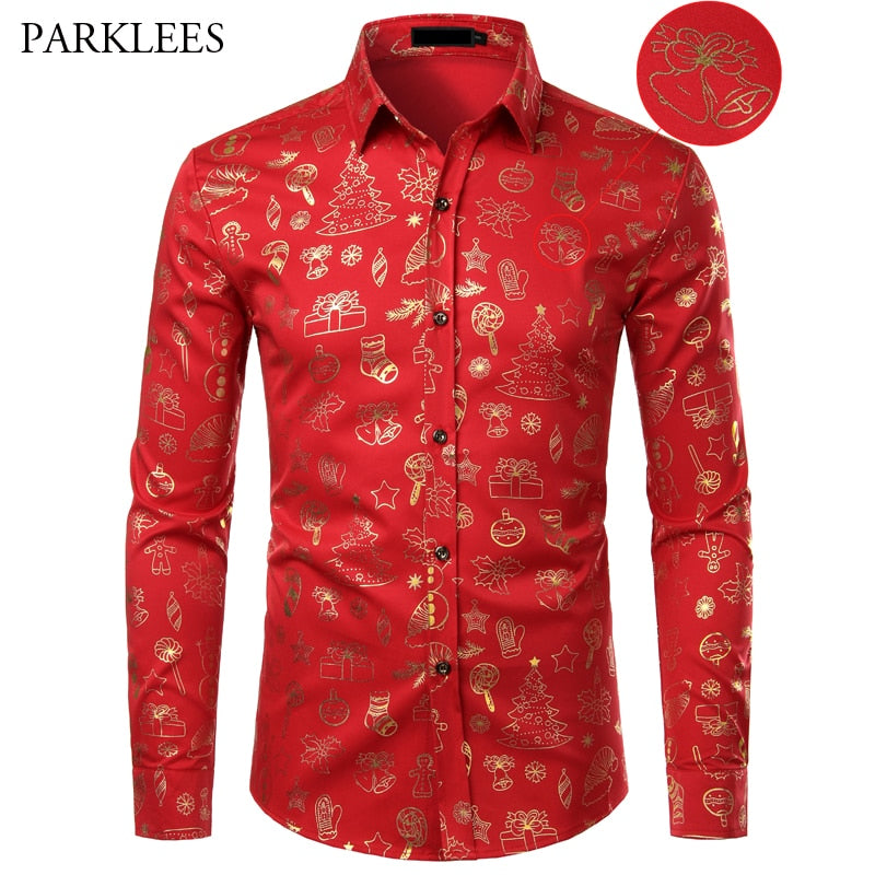 Red Mens Christmas Shirt Casual Slim Fit Xmas Gift Print Mens Dress - Executive-Skincare