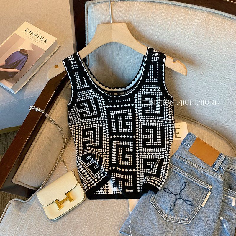 Retro Minority Black Knitted Lady Vest Women 2022 Summer New Slim - Executive-Skincare