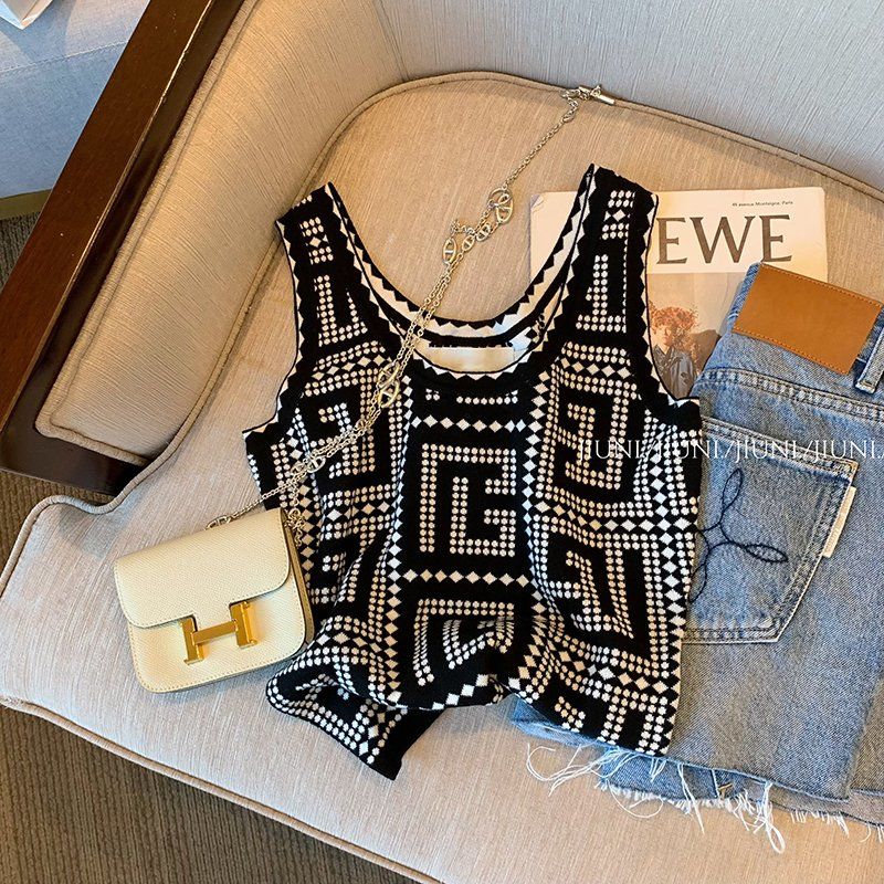 Retro Minority Black Knitted Lady Vest Women 2022 Summer New Slim - Executive-Skincare