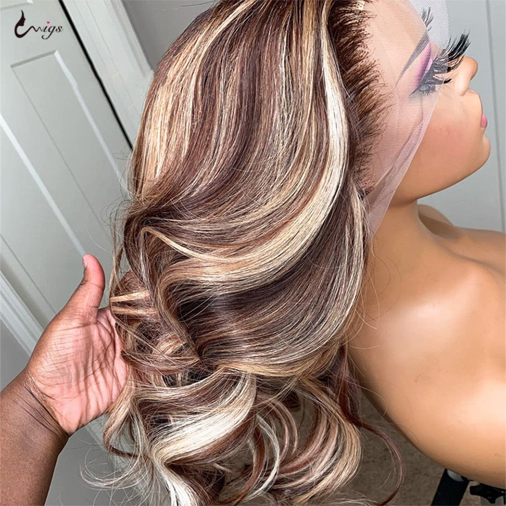 Blonde Lace Front Wig Human Hair Wigs for Women Blonde Balayage Highlight Colored Human Hair Wigs Ombre Body Wave Lace Front Wig - Executive-Skincare