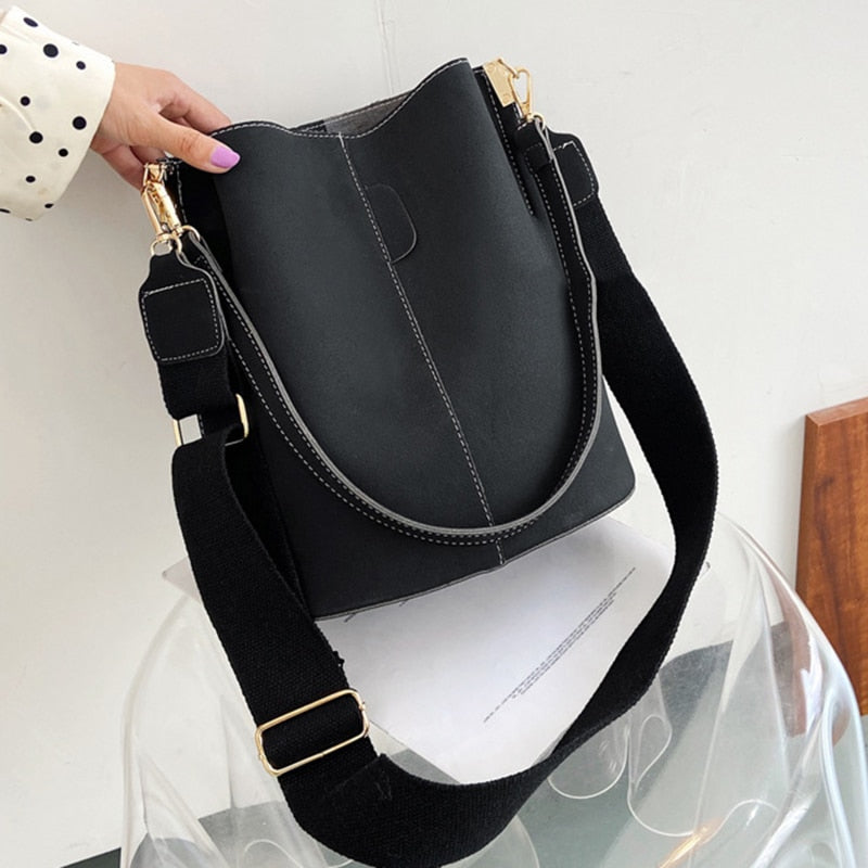 Women Bucket Bag PU Leather Design Shoulder Bag Large Capacity Lady Crossbody Bags Wide Strap Female Solid Color Totes - Executive-Skincare