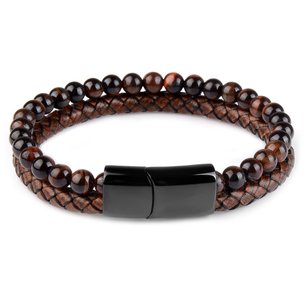 Natural Stone Bracelets Genuine Leather Braided Bracelets Black Stainless Steel Magnetic Clasp Tiger eye Bead Bangle Men Jewelry - Executive-Skincare