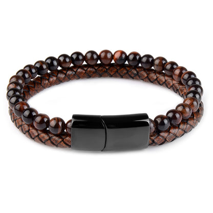 Natural Stone Bracelets Genuine Leather Braided Bracelets Black Stainless Steel Magnetic Clasp Tiger eye Bead Bangle Men Jewelry - Executive-Skincare