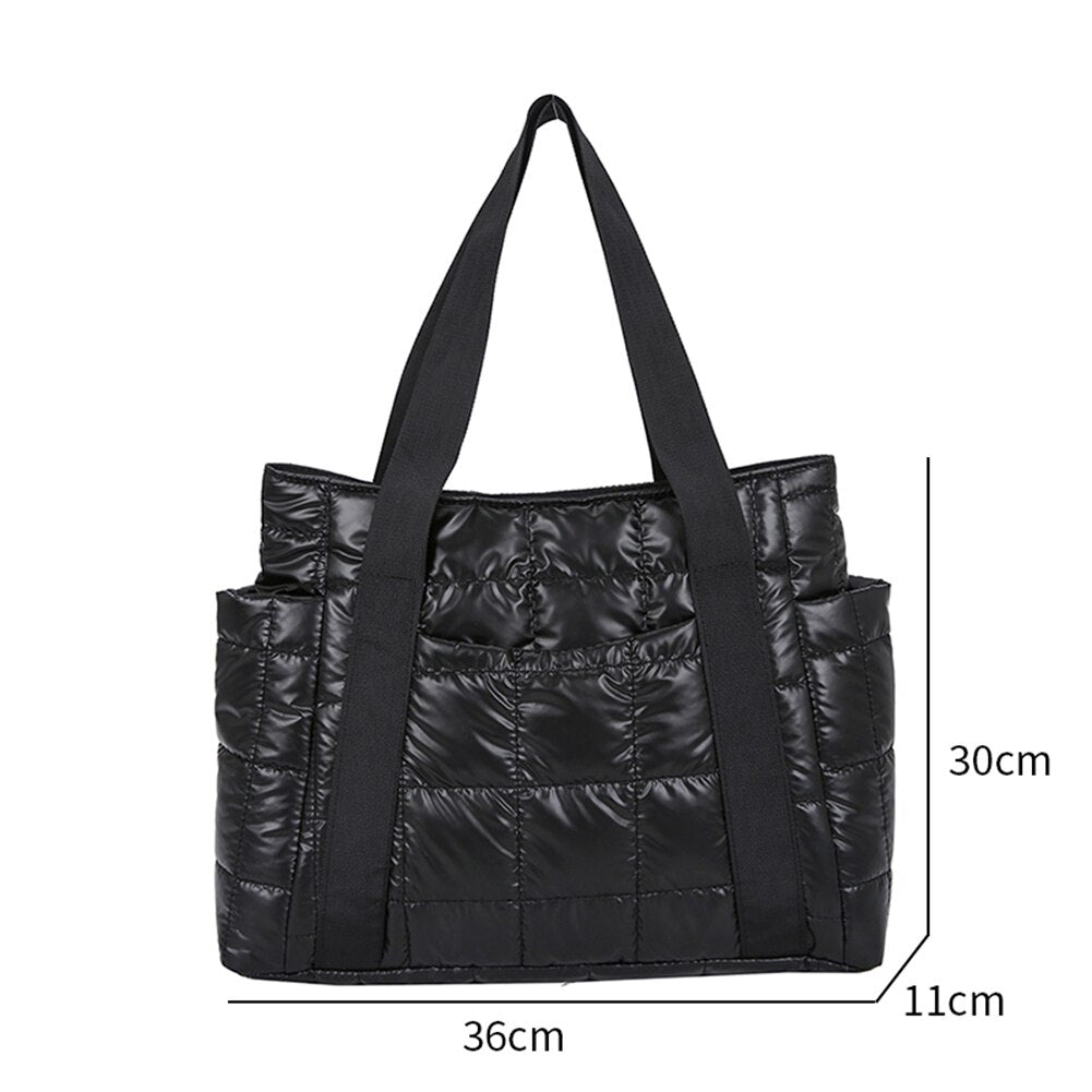 Autumn Winter Nylon Women Large Capacity Handbags Casual Quilted Lattice Shoulder Bags Female Solid Color Shopping Bags Tote - Executive-Skincare