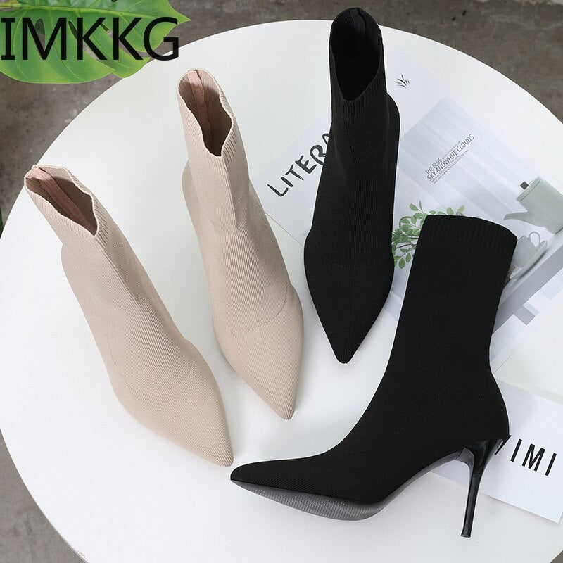 Sock Boots Knitting Stretch Boots High Heels for Women Fashion Shoes Spring Autumn Ankle Boots Female - Executive-Skincare