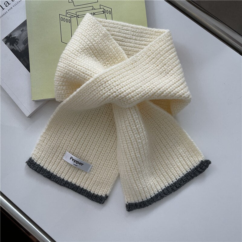 Korean Women Color Blocking College Style Wool Cross Knitted Scarf Female Winter Neck Protection Soft Windproof Warm Shawl V64 - Executive-Skincare