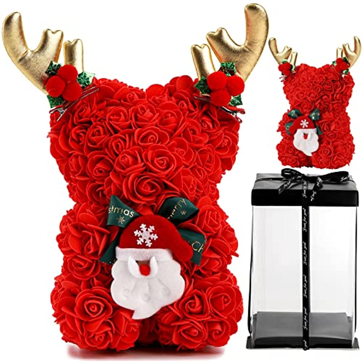 Christmas Teddy Rose Unique Flower Bear with Gift Box Red Artificial Rose Flowers Bear for Mothers Day Valentines Anniversary - Executive-Skincare