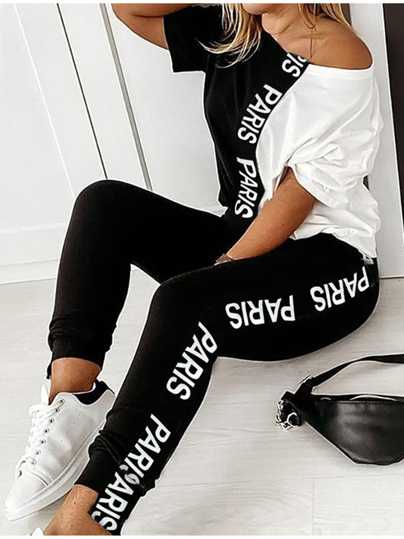 Off Shoulder Tracksuit Women Two Piece Set Summer Clothes Letter Print Colorblock Tshirt Top Long Pants Suit Women Set Outfits - Executive-Skincare