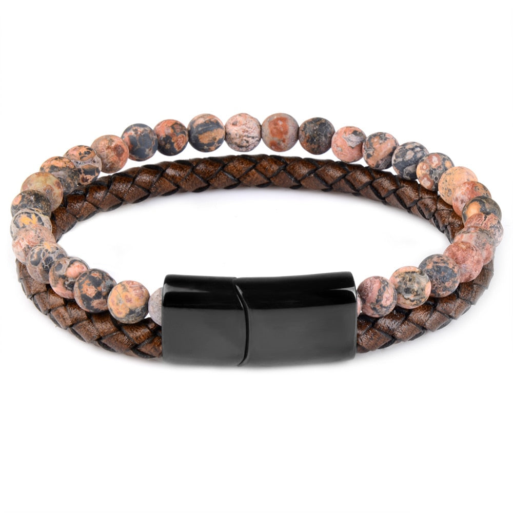 Natural Stone Bracelets Genuine Leather Braided Bracelets Black Stainless Steel Magnetic Clasp Tiger eye Bead Bangle Men Jewelry - Executive-Skincare