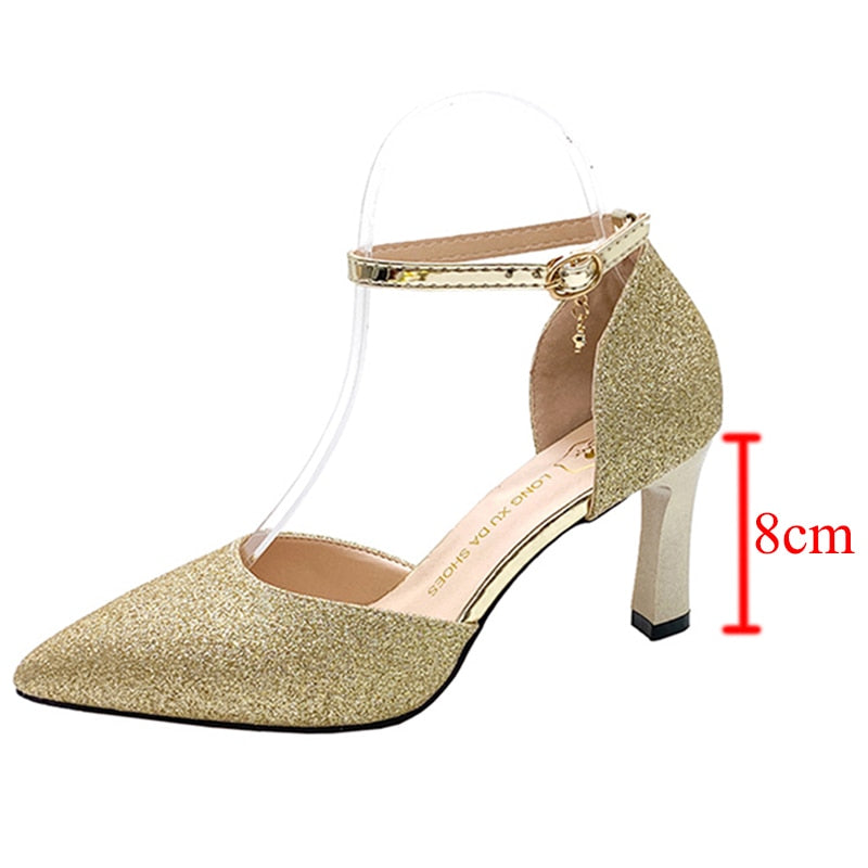 ZOKI Bling Gold Silver Women&#39;s Pumps 2022 Sexy Point Toe Thin Heel Party Wedding Shoes Woman Summer Ankle Strap High Heels Shoes - Executive-Skincare