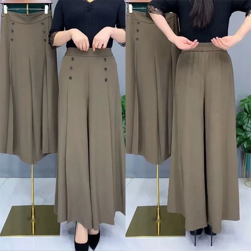 All-match Drape Button Solid Color Bigfoot Nine Point Jilt Trousers Female Summer Casual Pockets Loose Wide-legged Pants Skirt - Executive Quality Store