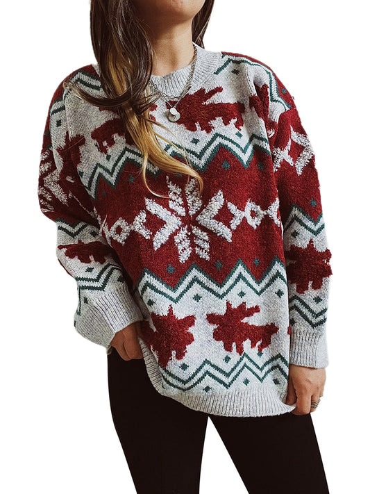 Women s Christmas Reindeer Xmas Snowflake Patterns Knitted Sweater Long Sleeve Crew Neck Pullover Tops Knitted Jumper - Executive-Skincare