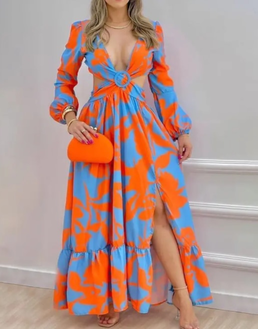 2022 Spring Women Long Sleeved Cutout V-Neck Twist Summer Elegant Tie Dyed Floral Printed Lantern Sleeve Split Thigh Maxi Dress - Executive-Skincare