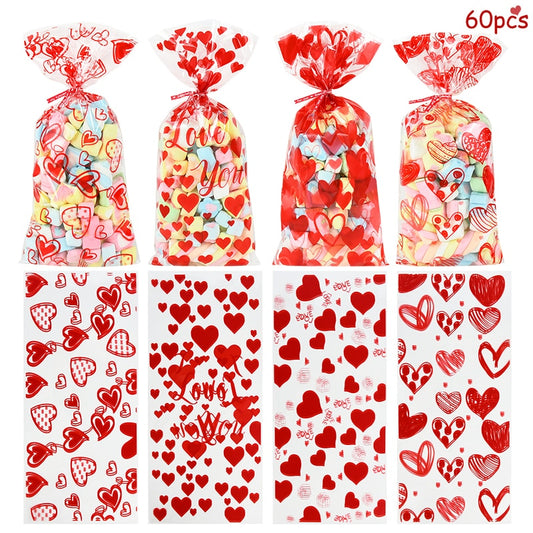 60pcs Valentine Cookie Gift Bags Love Heart Clear Plastic Candy Bags Wedding Party Decor Valentine&#39;s Day Favor Gifts Goodies Bag - Executive-Skincare