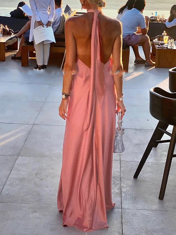 Women Summer Off Shoulder Solid Long Dress Elegant Casual Halter Hem A-Line Party Dress Sexy Backless Lace-up Boho Beach Dresses - Executive-Skincare