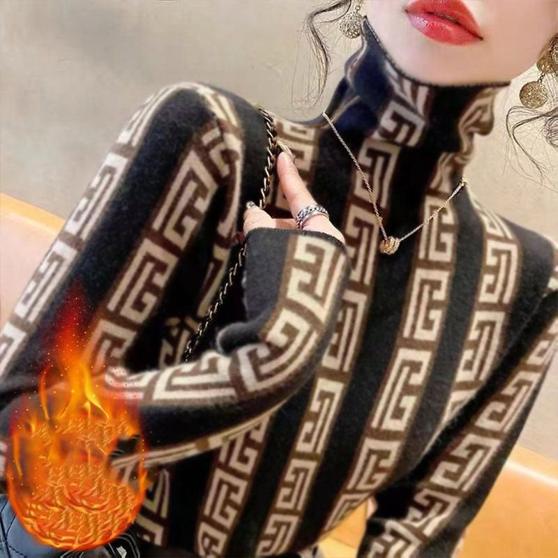 Slim Fashion Turtleneck Warm Printed Tops Women Autumn Winter New Casual Vintage Commute Long Sleeve T-shirt Female Clothing - Executive-Skincare