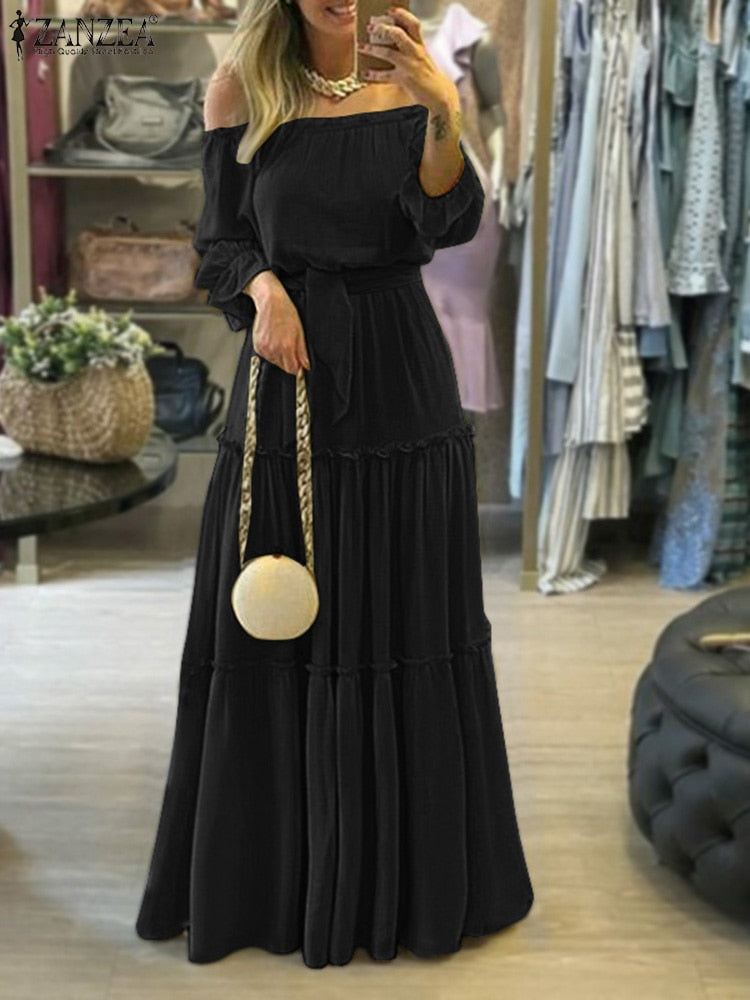 ZANZEA Fashion Off Shoulder Vestidos Female Lace Up Belted Dresses Beach Holiday Ruffle Robe Womens Bohemian Long Maxi Dress - Executive-Skincare