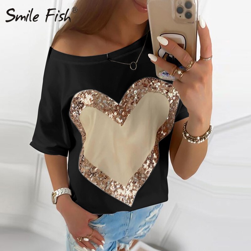 Sequined Heart Printed T-shirts Women Casual Bling Loose Short Sleeve Tee Top Chic  Flash Neck Summer Blusa Streetwear G1765 - Executive-Skincare