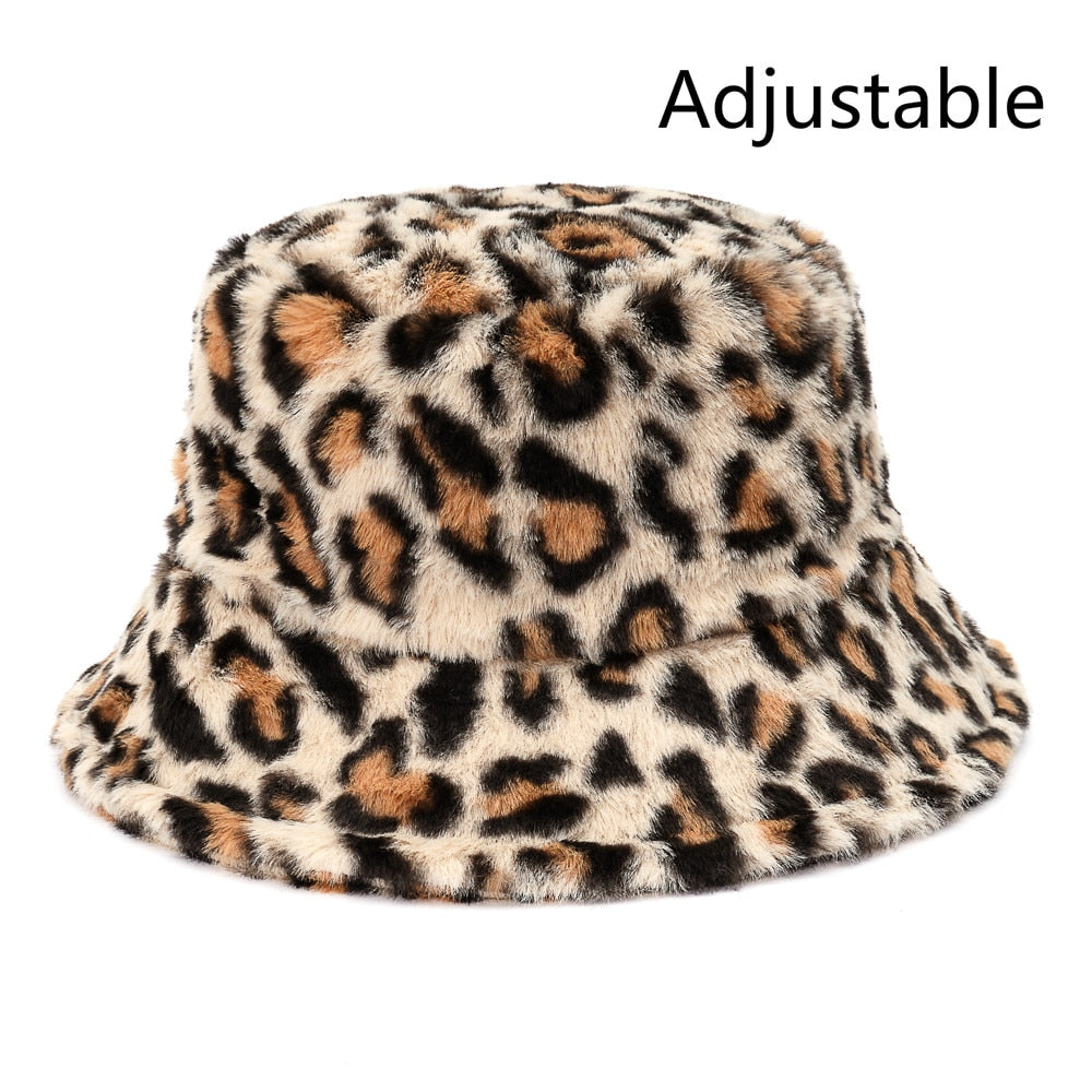 Winter Cow Leopard Faux Fur Fluffy Bucket Hats Women Outdoor Warm Sun Hat Soft Velvet Furry Fisherman Cap Girl Fashion Panama - Executive-Skincare