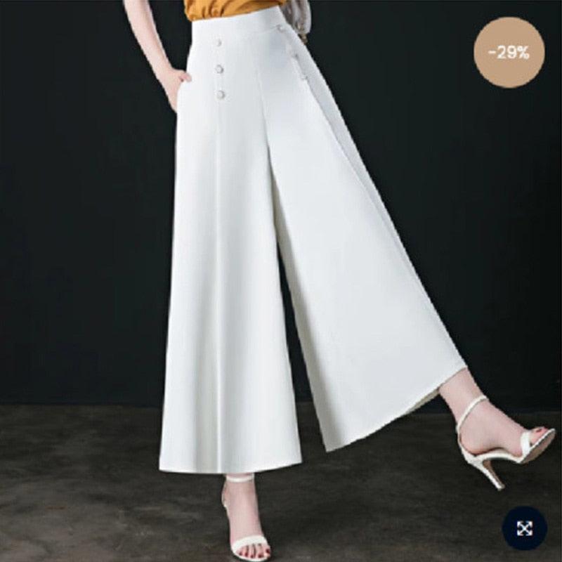 All-match Drape Button Solid Color Bigfoot Nine Point Jilt Trousers Female Summer Casual Pockets Loose Wide-legged Pants Skirt - Executive Quality Store