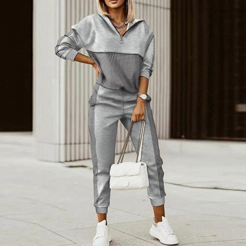 Hooded Long Sleeve Spring Autumn Pants Suit Women Print Tops Loose Pants Two Piece Set Vintage Patchwork Pockets Office Lady Set - Executive-Skincare