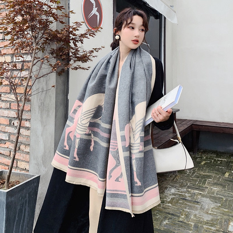 Luxury Horse Print Scarf Women Cashmere Winter Warm Scarves Brand Pashmina Shawls Lady Wraps Bufanda Thick Bandana - Executive-Skincare