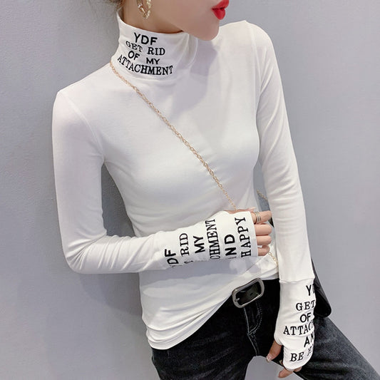 Black White Long Sleeve Tshirt Women Letters Printed T Shirt Femme Elastic Harajuku Tight Turtleneck T Shirt Woman Cotton - Executive Quality Store