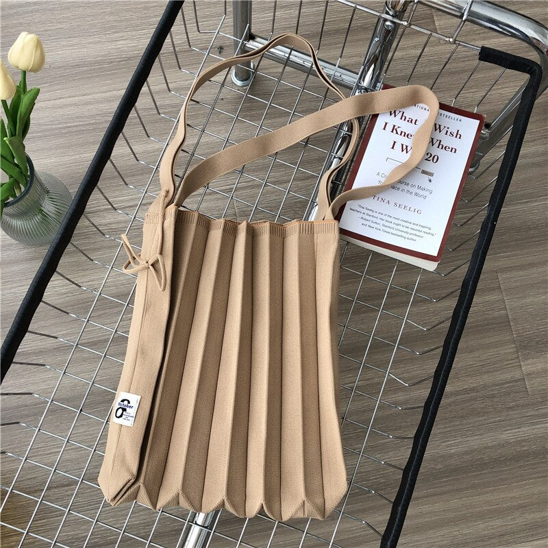 Female Wool Knitted Pleats Tote Organ Bag Designer Chic Stitching Contrast Korean Fashion Shoulder Shopper Handbag For Women - Executive-Skincare