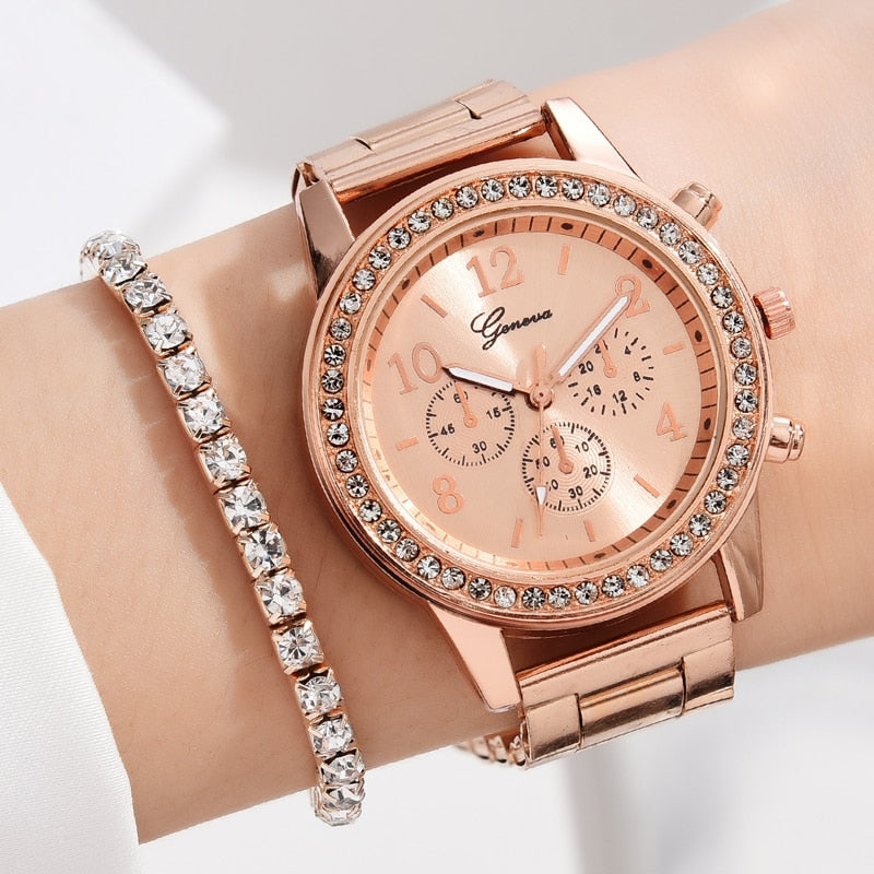 6PCS Set Luxury Watch Women Ring Necklace Earrings Rhinestone Fashion Wristwatch Female Casual Ladies Watches Bracelet Set Clock - Executive-Skincare