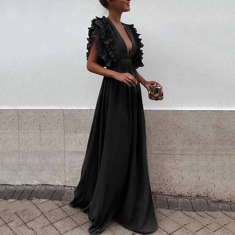 Formal Party  Dress Women Deep V-Neck Long Dress Elegant Flying Sleeves Backless Maxi Evening Dresses Robe De Soiree - Executive-Skincare