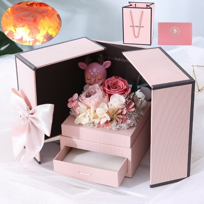 Luminous Preserved Flower Box Light Up Rose Bear Gift Box Artificial Flower Valentines Day Birthday Anniversary Girlfriend Gift - Executive-Skincare