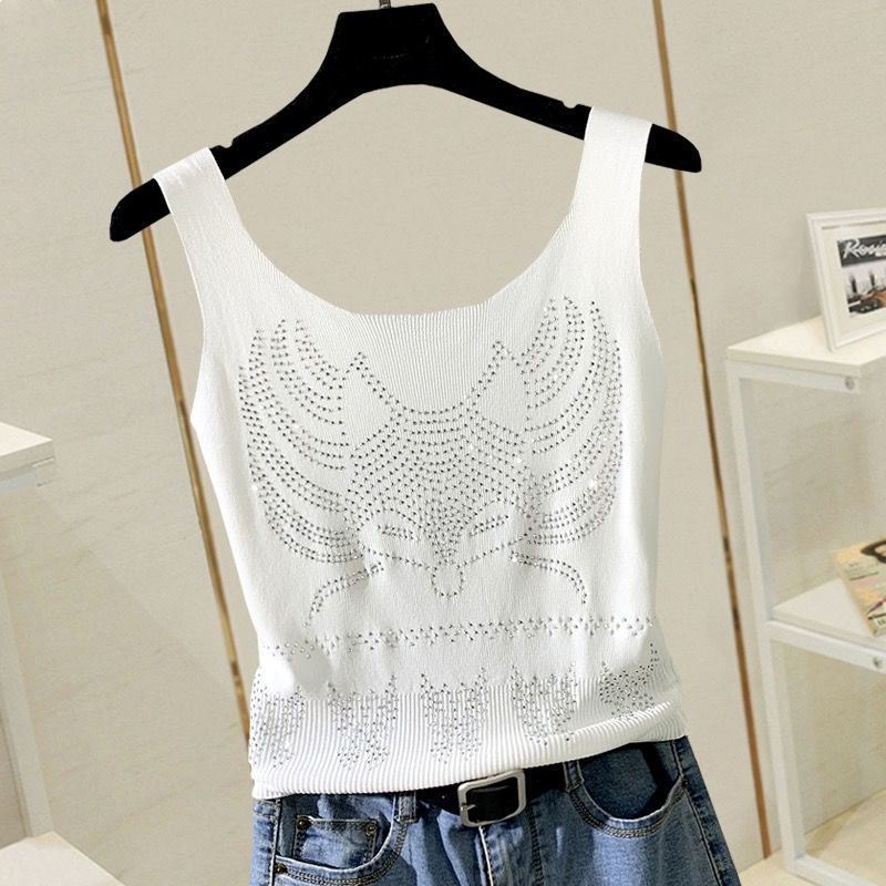 Small Women Summer Heavy Industry Hot Drill Vest Thin Ice Silk Knitted Bottomed Y2k Fashion Crop Tops Slim Mini Tank Tops - Executive-Skincare