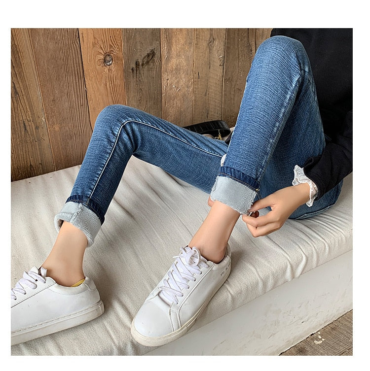 Winter Thick female Velvet Women High Waist Skinny Jeans Simple Fleece Warm Slim fit Stretch Ladies Casual Denim Pencil Pants - Executive-Skincare