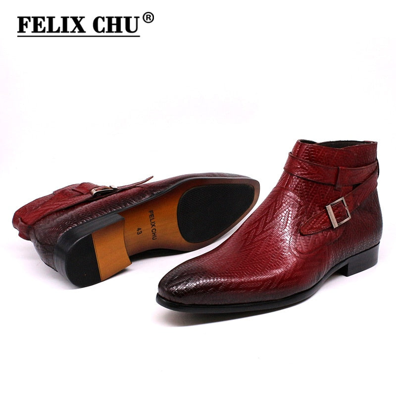 Handmade Men Ankle Boots Felix Chu Genuine Leather Mens Motorcycle Boots Black Red Buckle Strap High Top Dress Shoes for Men - Executive-Skincare