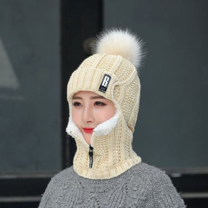 Women Wool Knitted Hat Ski Hat Sets Windproof Winter Outdoor Knit Thick Siamese Scarf Collar Warm Keep Face Warmer Beanies Hat - Executive-Skincare