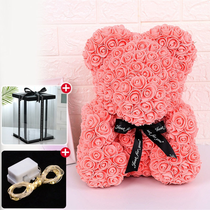 Rose Bear 25cm Artificial Flowers Rose Bear With Light Gift Box Girlfriend Anniversary Christmas Valentines Gift For Wedding - Executive-Skincare