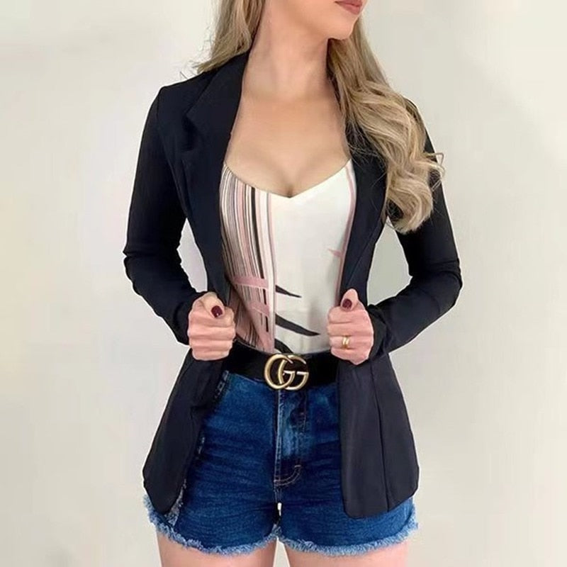 Autumn Thin Blazer Fashion Women&#39;s Casual Office Lapel Long-sleeved Solid Color Jacket Suit Single Button Slim Small Blazer - Executive-Skincare