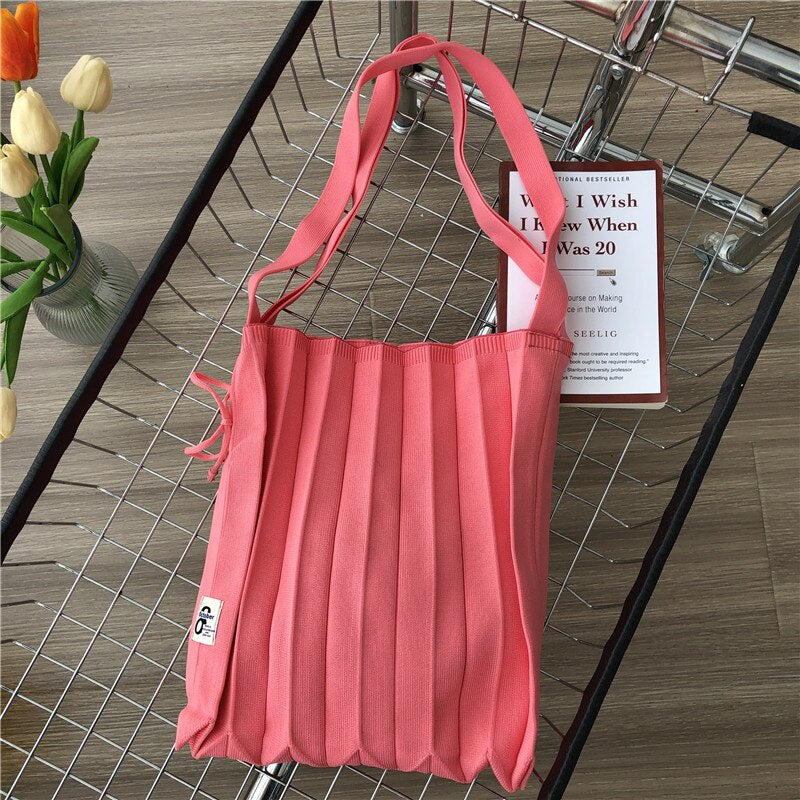 Female Wool Knitted Pleats Tote Organ Bag Designer Chic Stitching Contrast Korean Fashion Shoulder Shopper Handbag For Women - Executive-Skincare