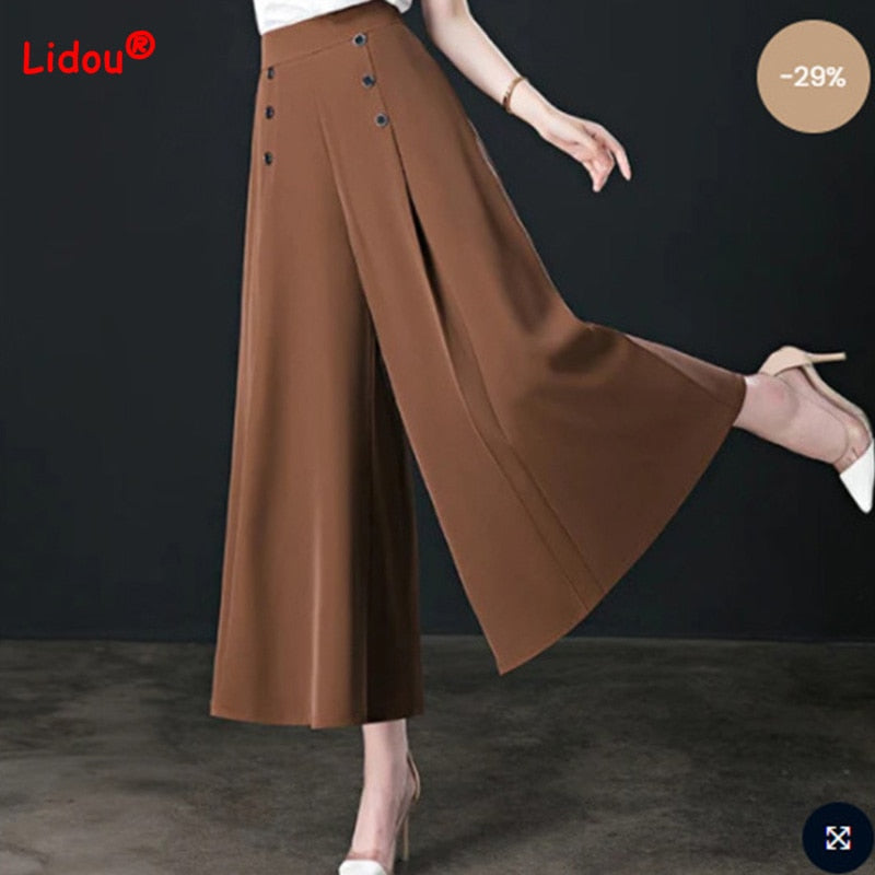 All-match Drape Button Solid Color Bigfoot Nine Point Jilt Trousers Female Summer Casual Pockets Loose Wide-legged Pants Skirt - Executive Quality Store