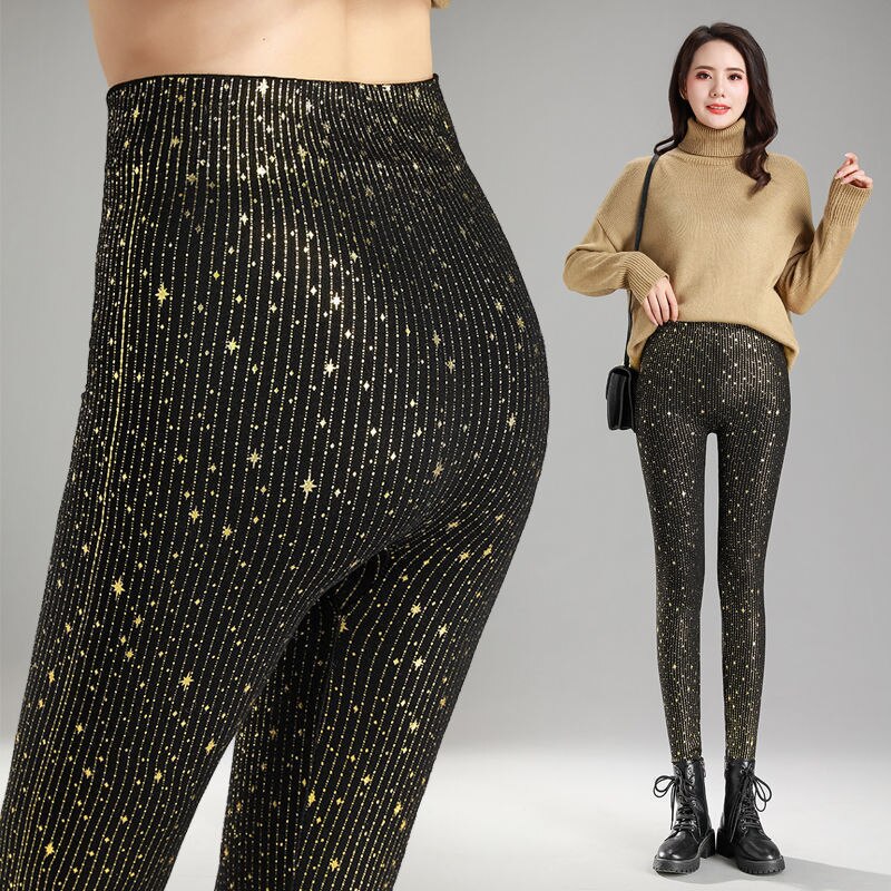 Autumn Winter Sequin Floral Women&#39;s Glitter Warm Velvet Leggings Pants High Waist Elastic Black Bottoms Pencil Trousers - Executive-Skincare