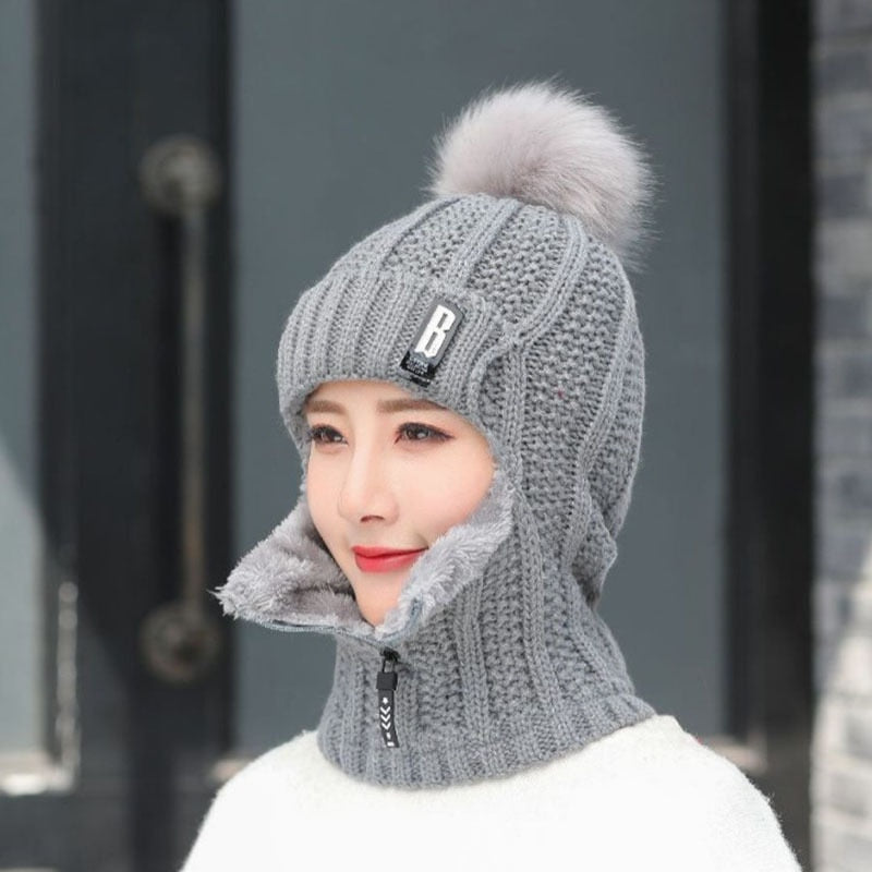 Women Wool Knitted Hat Ski Hat Sets Windproof Winter Outdoor Knit Thick Siamese Scarf Collar Warm Keep Face Warmer Beanies Hat - Executive-Skincare